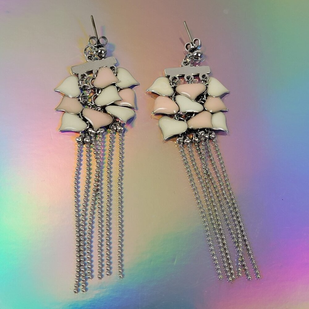 Heart Tassel Earrings Silver-Tone Pink And Cream Enamel Pierced Post 3 In